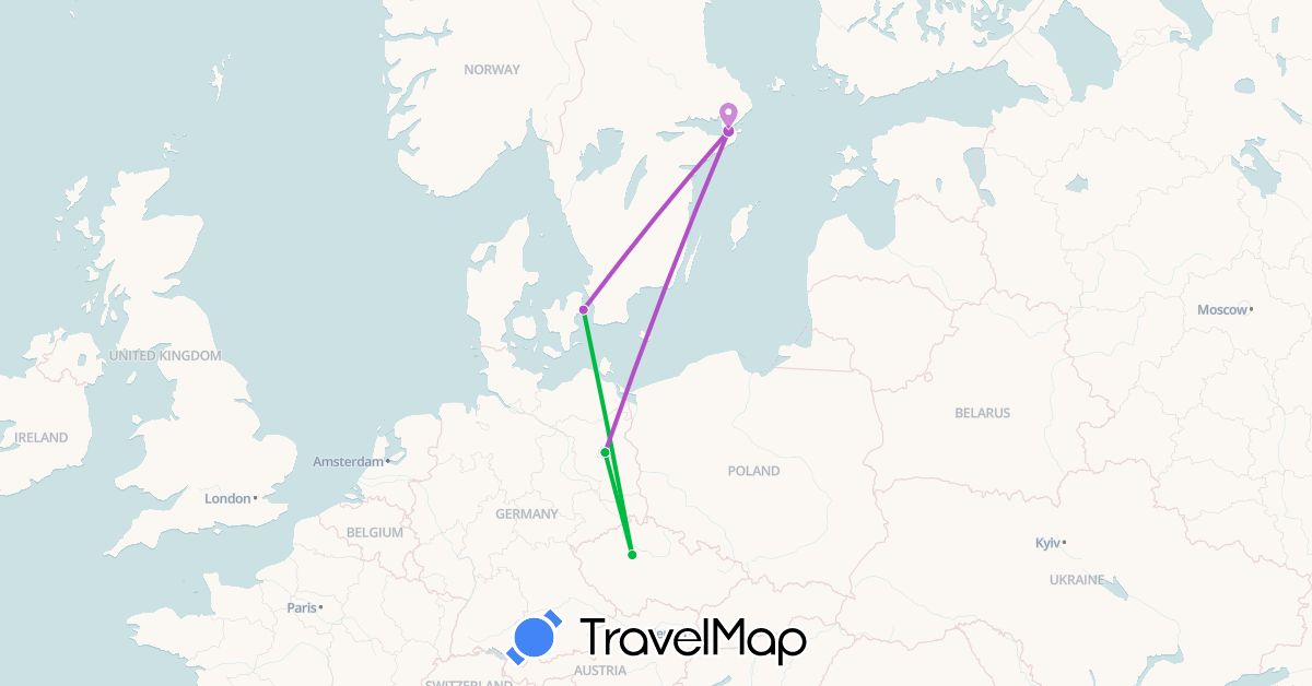 TravelMap itinerary: driving, bus, train in Czech Republic, Germany, Denmark, Sweden (Europe)